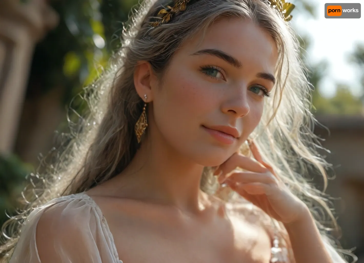 score_9, score_8_up, score_7_up, 8k uhd, hyper realistic, (Greek goddess), queen, 35 years old, (perfect body), (long silver hair), ash gray hair, round breasts, hard nipples, flowing clothes, fully dressed, high ponytail, fancy hairstyle, (laurel crown), (perfect beautiful face), slight smile, view from below, sunlight coming from behind, oculus, (skylight), backlit, high contrast, (dramatic lighting), outdoors, portrait, close up, woman, sucking, a, cock, Dollblush1, <lora:Midjourney Image Enhancer XL v1:.5>, <lora:MJ52:.5>, <lora:sunnyrayyxo_v1_SDXLBase:.5>, <lora:WTS - WhatTheSuck - v1:.7>, <lora:Dollblush1:.8>