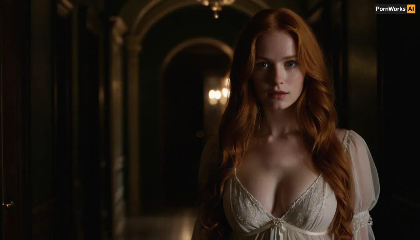 stunning beautiful gorgeous young victorian girl, 18 years old, long ginger hair, wearing a semi- transparent old fashioned sexy nightgown, deep cleavage, in the, (((dark hallway))), of the mansion, Beautiful detailed face, (perfect eyes:1.1), (perfect skin:1.1), (perfect big breasts:1.1), (perfect body:1.1), (perfect hands:1.1), (perfect finger:1.1), (perfect fingernails:1.1), Photorealistic, RAW, analog, best quality, 8k, HD, DSLR, Fujifilm XT3, film grain, award winning