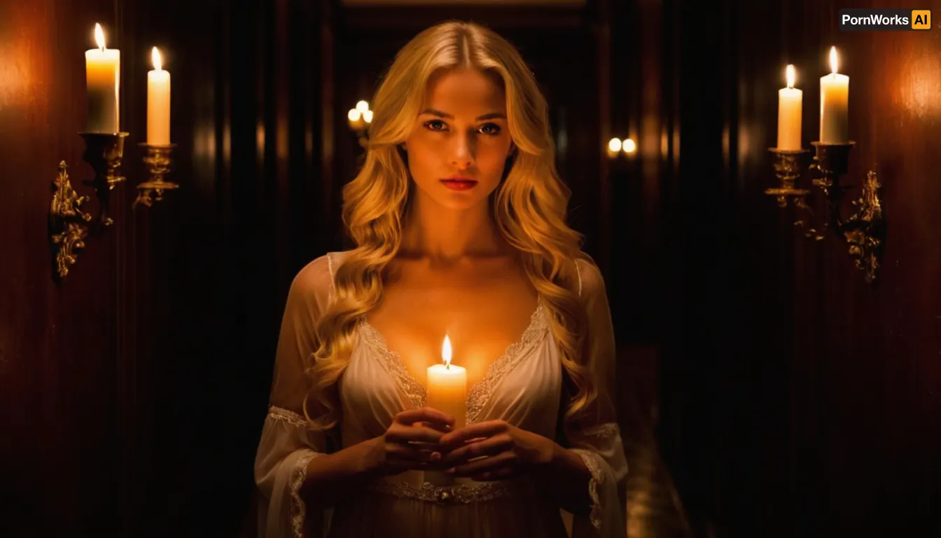 stunning beautiful gorgeous sexy young victorian woman, 18 years old, long blond hair, wearing a semi- transparent sexy nightgown, deep cleavage, in the, (((dark hallway))), of the mansion, (((she has the only candle in her hand))), that lights her way, Beautiful detailed face, (perfect eyes:1.1), (perfect skin:1.1), (perfect big breasts:1.1), (perfect body:1.1), (perfect hands:1.1), (perfect finger:1.1), (perfect fingernails:1.1), Photorealistic, RAW, analog, best quality, 8k, HD, DSLR, Fujifilm XT3, film grain, award winning, <lora:289505_training_data:.8>
