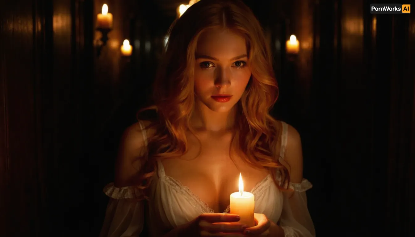 stunning beautiful gorgeous sexy young victorian woman, 18 years old, long strawberry blond hair, wearing a semi- transparent sexy nightgown, deep cleavage, in the, (((dark hallway))), of the mansion, (((she has the only candle in her hand))), that lights her way, Beautiful detailed face, (perfect eyes:1.1), (perfect skin:1.1), (perfect big breasts:1.1), (perfect body:1.1), (perfect hands:1.1), (perfect finger:1.1), (perfect fingernails:1.1), Photorealistic, RAW, analog, best quality, 8k, HD, DSLR, Fujifilm XT3, film grain, award winning, <lora:289505_training_data:.8>