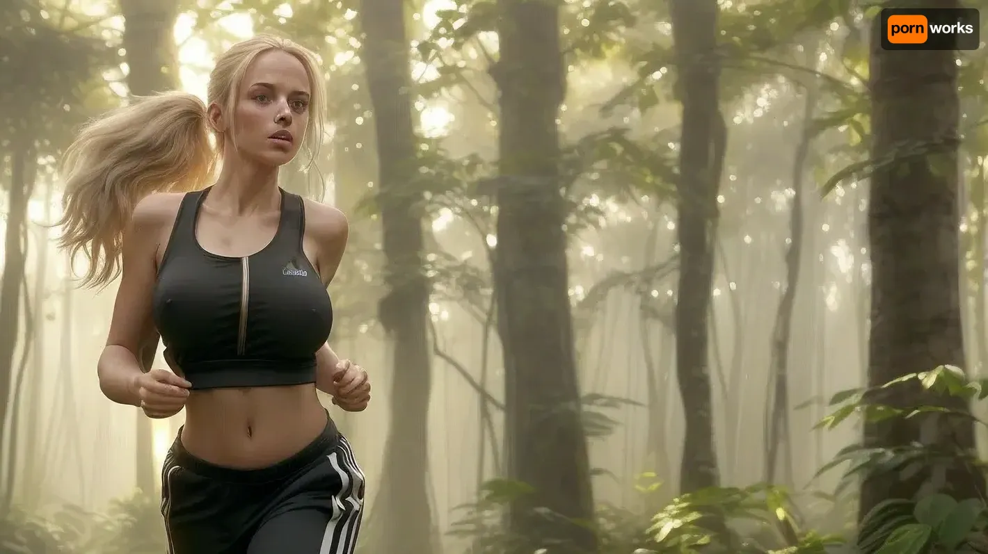 (subject, a nude young woman with big saggy boobs, long black wide adidas tracksuit pants and bare torso jogging, description, a young woman jogging along a rainforest path, her big saggy tits bouncing as she runs, long blonde hair tied in a ponytail, face and upper body glistening with sweat, warm summer evening lighting, warm heavy summerrain, golden sunlight filtering through the trees, style/aesthetic, hyper-realistic photography with cinematic lighting, emphasizing natural movement and atmospheric warmth), dynamic saggy tits, bouncing saggy tits, swinging saggy tits