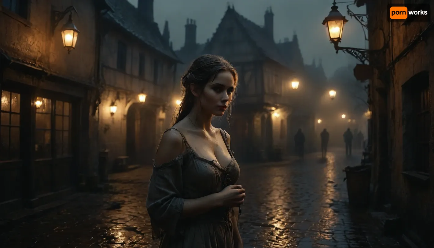 The picture has a frightening atmosphere, a small medieval town, cobblestone streets, oil lamps as street lighting, night and heavy rain, mud, 100% humidity, a dark dive from the outside, warm light coming in, a slim, pretty woman in rags showing secretly her tits in front of the pub offering her services as a prostitute, Black, and, white, art, black, shading, charcoal, toned, brutal, dark, b/w, color, scheme, elven, architecture, <lora:Black and white art.V1:1.2>, <lora:EnvyElvishArchitectureXL01:.6>, <lora:MJ52:.8>