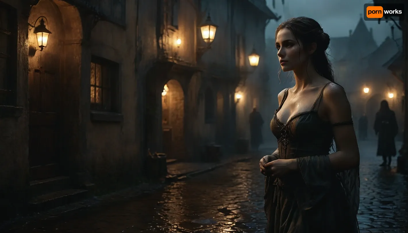 The picture has a frightening atmosphere, a small medieval town, cobblestone streets, oil lamps as street lighting, night and heavy rain, mud, 100% humidity, a dark dive from the outside, warm light coming in, full body view of a slim, pretty woman in rags showing secretly her tits in front of the pub offering her services as a prostitute, perfect face, perfect hands, perfect small tits, Black, and, white, art, black, shading, charcoal, toned, brutal, dark, b/w, color, scheme, elven, architecture, <lora:Black and white art.V1:1.2>, <lora:EnvyElvishArchitectureXL01:.6>, <lora:MJ52:.8>