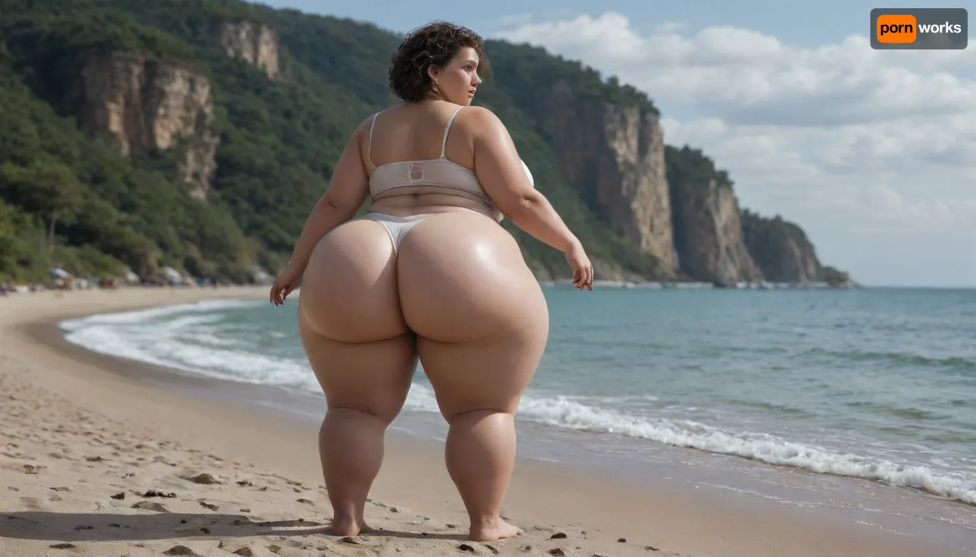 heavy overweight woman, gigantic ass, massive hips, thick gigantic thighs, thick calves, (plump:1.3), chubby, hyperass, thick thighs, brown pixie haircut, on a beach