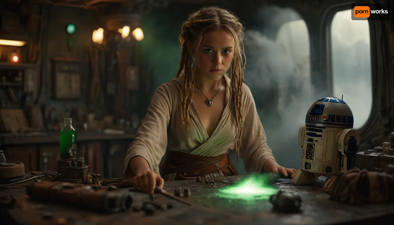 Star Wars Style, full body view of a female Jedi, repairing stuff at messy table, in a messy common room, inside Millennium Falcon, slender, slim waist, blonde matted dreadlocks, flat breasted, tanned skin, lucky charm necklace, beautiful brown leather belt, highly detailed Jedi costume, Jedi toga, perfect face, perfect hands, glass on table, extremely steaming green liquid, R2-D2, dejarik, 8k, high resolution, TIE, fighter, neon_style, cloudy, smoke, atmospheric, clouds, fog, <lora:TIE fighter:.8>, <lora:304304_training_data:.8>, <lora:MJ52:.8>, <lora:Cloudy_Style:1.1>