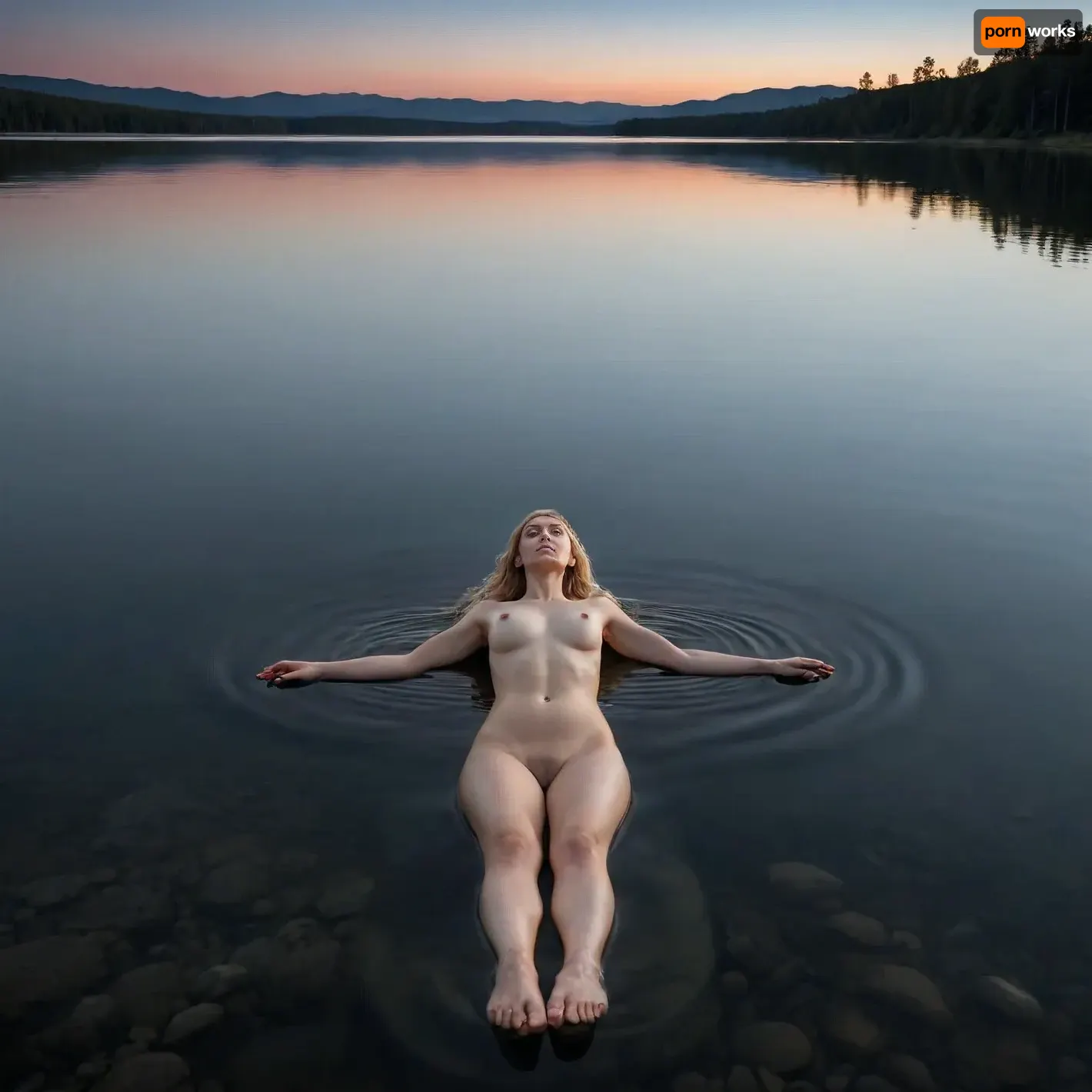 The base layer of the scene is a tranquil crystal-clear lake that stretches across the foreground, at midnight during a fullmoon. The horizon line is faintly visible, blending into a black sky, The natural light from the full moon is soft and evenly distributed, casting gentle shadows that enhance the calm atmosphere, the image of the moon is reflected on the surface of the water. The overall composition is minimalist and clean, with sharp focus on the reflective surface of the water. The landscape feels expansive and pure, shot with a wide-angle 35mm lens at f/5.6, from above, capturing a sense of openness and peacefulness.

The subject of the image is a woman laying back as she floats on the surface of the lake, arms and legs spread, her long blond hair spread out on the surface of the water. Her figure, completely visible, seems ethereal and weightless, as if blending seamlessly into the surface. her big breasts and lower body protrude above the water surface, hairy pussy exposed. The water ripples softly around her, but the overall tranquility of the scene remains undisturbed. Her face is calm and serene. The light reflecting off the water contrasts with her body, as if she were levitating above the lake.