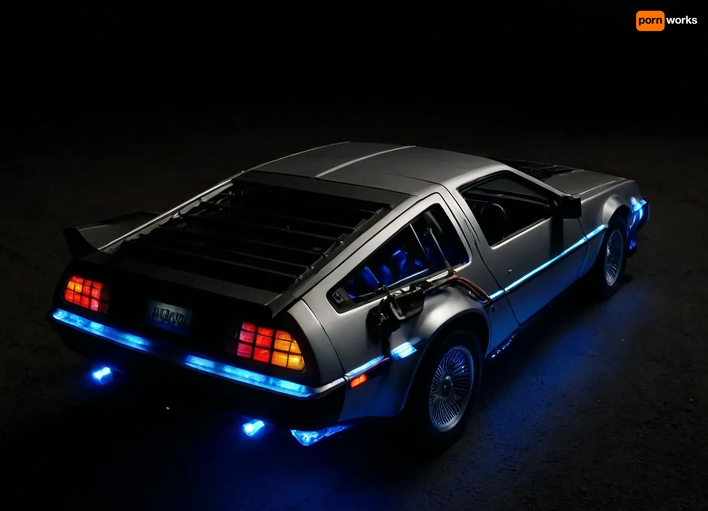 DeLorean from BTTF, (Back to the Future), Night, Dark Sky, Road in Desert, Real Road, Lights of DeLorean, (Travel Time Effects, Driving to 88mph, Blue Lights on Components Located on the Wings of the DeLorean), Side View from Above, <lora:dark:.5>