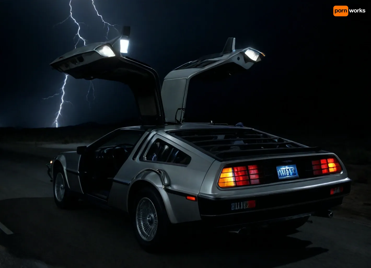 DeLorean from BTTF, (Back to the Future), Night, Dark Sky, Road in Desert, Real Road, Lights of DeLorean, (Travel Time Effects, Driving to 88mph, Driving Effects, Blue Lights on Components Located on the Wings of the DeLorean, ((Blue Flash, Blue Flashes from the DeLorean, Blue Fire Flashes, Lightning Flashes all Around the DeLorean))), Marty McFly Sits in the DeLorean and Drives it, Side View from Below, <lora:dark:.5>
