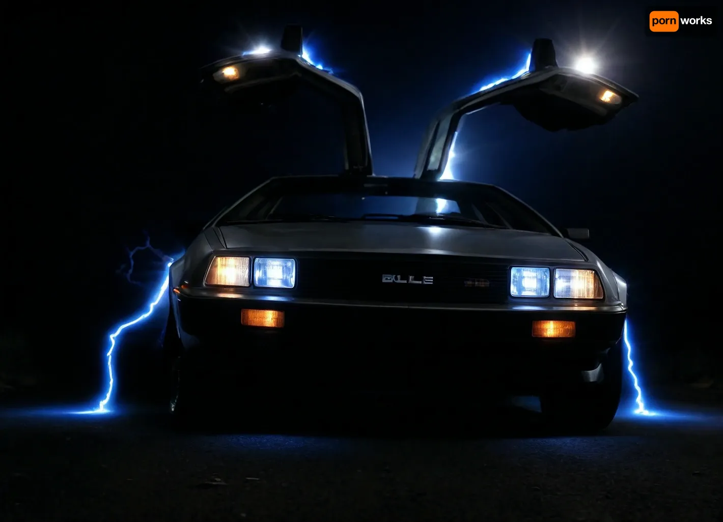 DeLorean from BTTF, (Back to the Future), Night, Dark Sky, Road in Desert, Real Road, Lights of DeLorean, (Travel Time Effects, Driving to 88mph, Driving Effects, Blue Lights on Components Located on the Wings of the DeLorean, ((Blue Flash, Blue Flashes from the DeLorean, Blue Fire Flashes, Lightning Flashes all Around the DeLorean))), Marty McFly Sits in the DeLorean and Drives it, Side View from Below, <lora:dark:.5>
