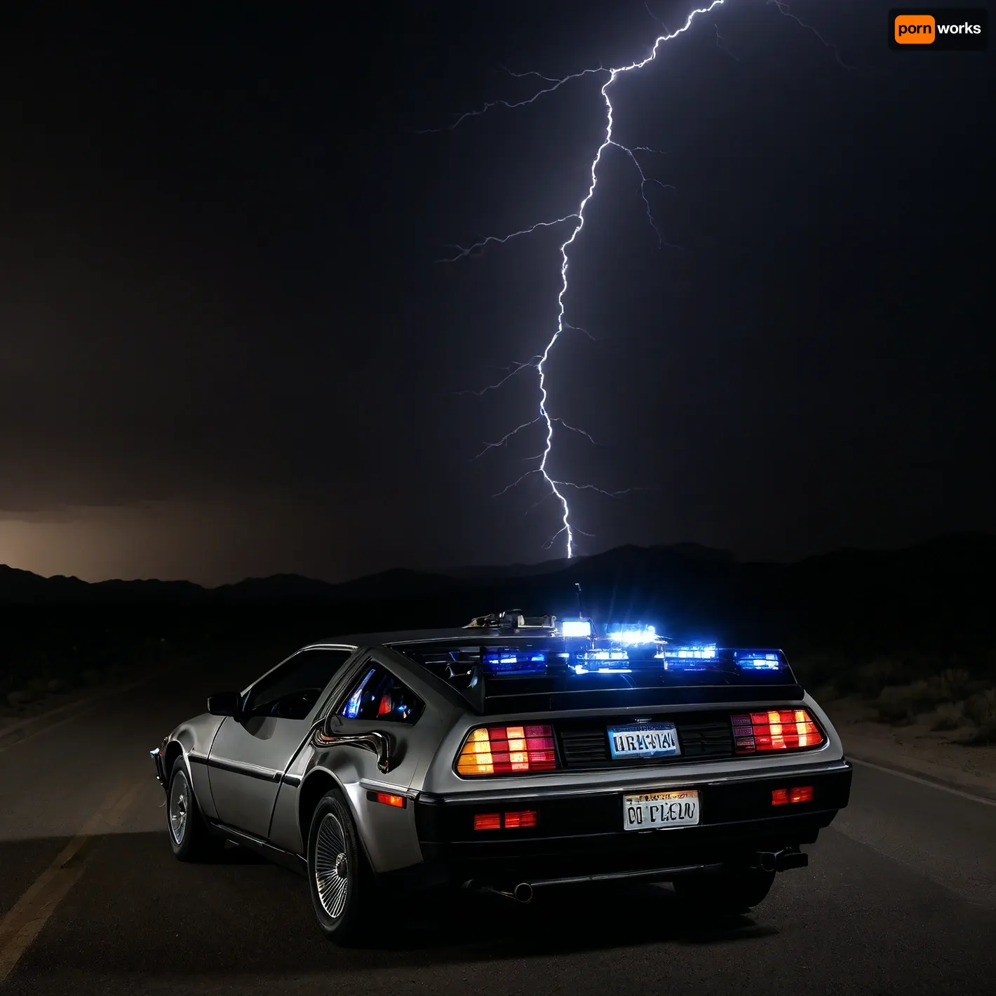 DeLorean from BTTF, (Back to the Future), Night, Dark Sky, Road in Desert, Real Road, Lights of DeLorean, (Travel Time Effects, Driving to 88mph, Driving Effects, Blue Lights on Components Located on the Side of the DeLorean, ((Blue Flash, Blue Flashes from the DeLorean, Blue Fire Flashes, Lightning Flashes all Around the DeLorean))), Marty McFly Sits in the DeLorean and Drives it, Side View from Below, <lora:dark:.5>