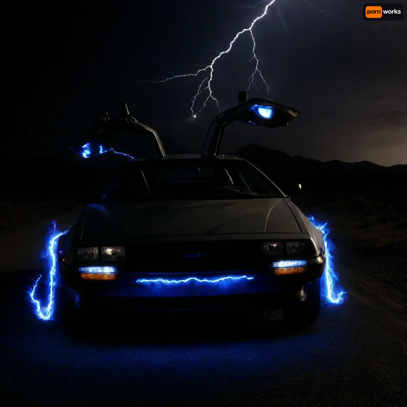 DeLorean from BTTF, (Back to the Future), Night, Dark Sky, Road in Desert, Real Road, Lights of DeLorean, (Travel Time Effects, Driving to 88mph, Driving Effects, Blue Lights on Components Located on the Side of the DeLorean, ((Blue Flash, Blue Flashes from the DeLorean, Blue Fire Flashes, Lightning Flashes all Around the DeLorean))), Doors Closed, Marty McFly Sits in the DeLorean and Drives it, Side View from Below, <lora:dark:.5>