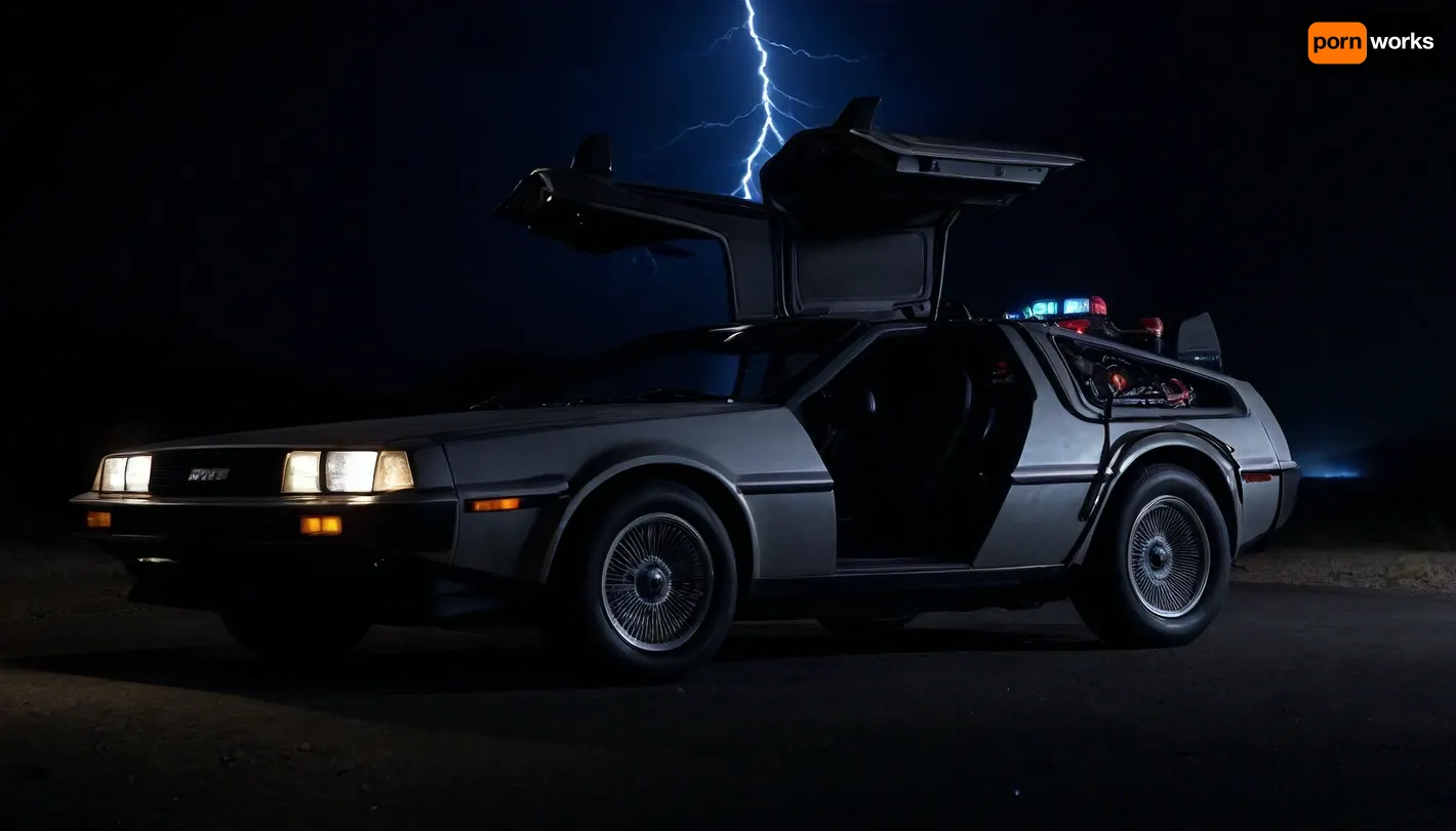 DeLorean from BTTF, (Back to the Future), Night, Dark Sky, Road in Desert, Real Road, Lights of DeLorean, (Travel Time Effects, Driving to 88mph, Driving Effects, Blue Lights on Components Located on the Side of the DeLorean, ((Blue Flash, Blue Flashes from the DeLorean, Blue Fire Flashes from the DeLorean, Lightning Flashes all Around the DeLorean))), Doors Closed, Marty McFly Sits in the DeLorean and Drives it, Side View from Below, <lora:dark:.5>