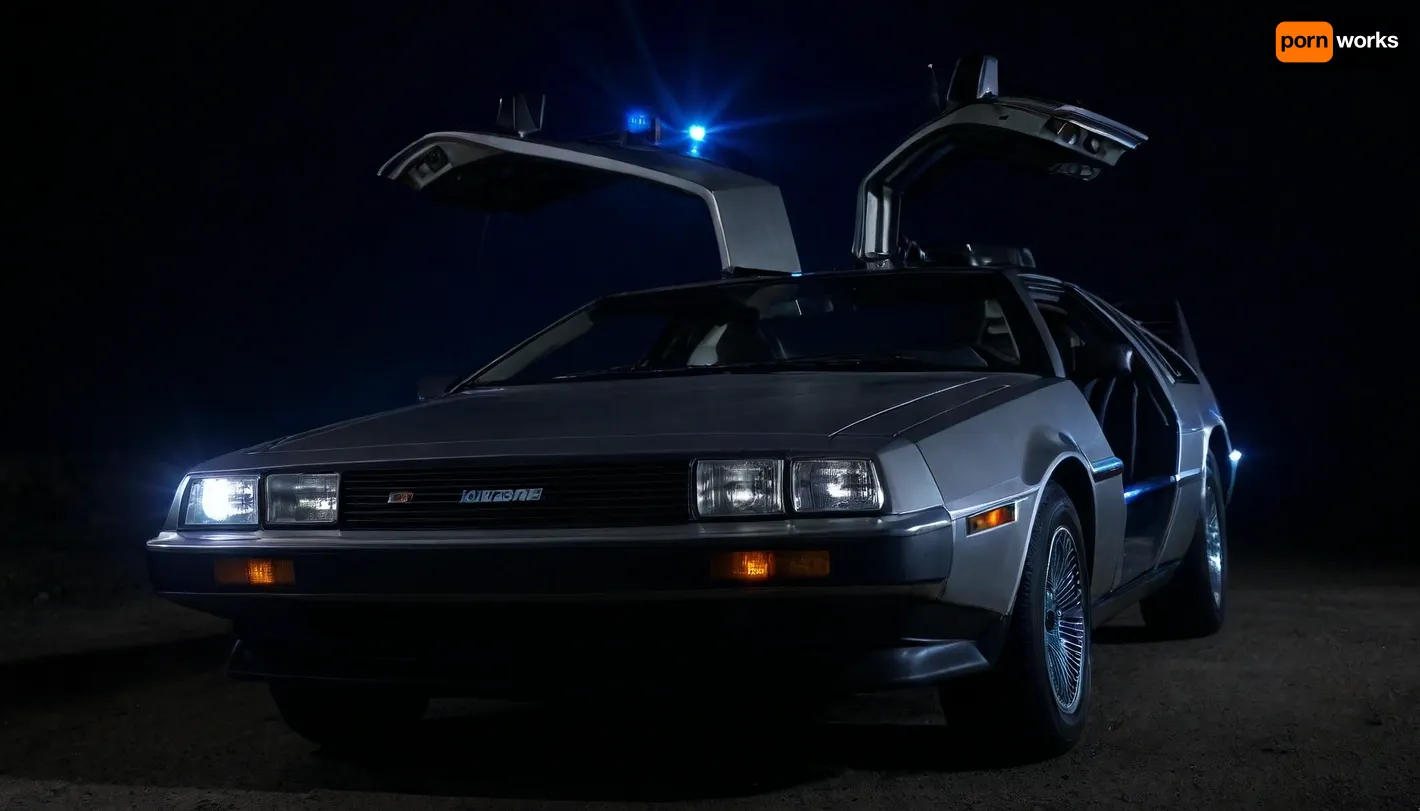 DeLorean from BTTF, (Back to the Future), Night, Dark Sky, Road in Desert, Real Road, Lights of DeLorean, (Travel Time Effects, Driving to 88mph, Driving Effects, Blue Lights on Components Located on the Side of the DeLorean, ((Blue Flash, Blue Flashes from the DeLorean, Blue Fire Flashes from the DeLorean, Lightning Flashes all Around the DeLorean))), Doors Closed, Marty McFly Sits in the DeLorean and Drives it, Side View from Below, <lora:dark:.5>