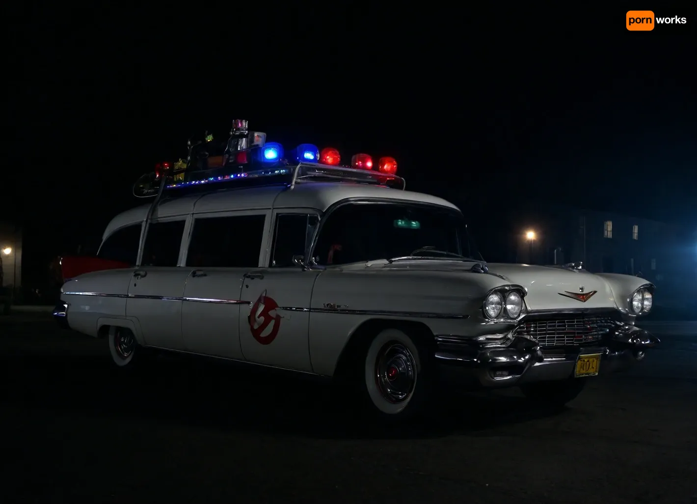 Ecto-1 from Ghostbusters, (Ghostbusters), Night, Dark Sky, Street of New York, Dark Streets, Lights of Cadillac Miller-Meteor Sentine of 1959, Limo-Style Endloader Combination Car, (Driving Effects, Flashing Lights are On, Flashing Lights Effects, Speed Effects), Side View from Below, <lora:dark:.5>
