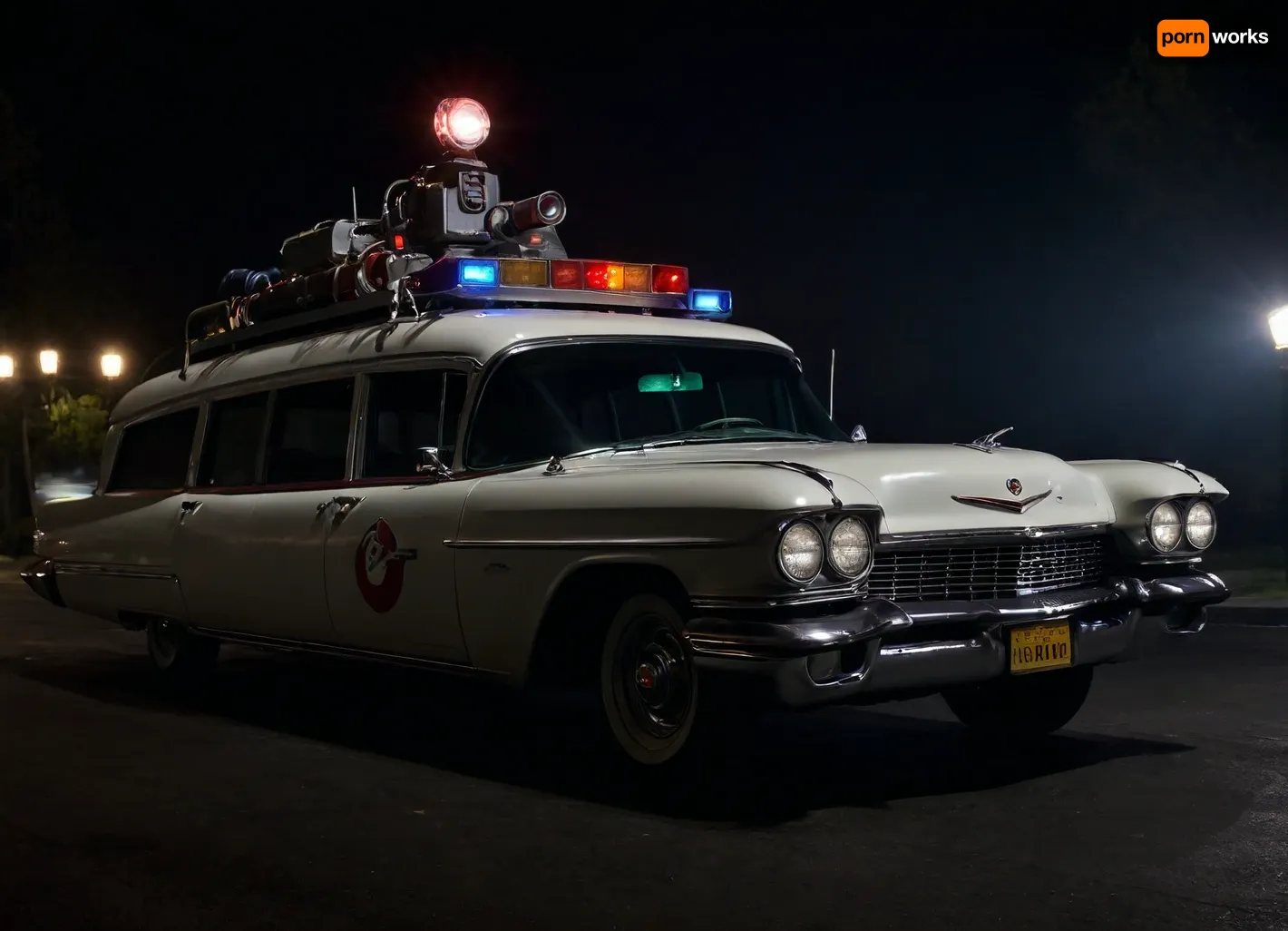 Ecto-1 from Ghostbusters, (Ghostbusters), Night, Dark Sky, Street of New York, Dark Streets, Lights of Cadillac Miller-Meteor Sentinel of 1959, Limo-Style Endloader Combination Car, (Driving Effects, Flashing Lights are On, Flashing Lights Effects, Speed Effects), Side View from Below, <lora:dark:.5>