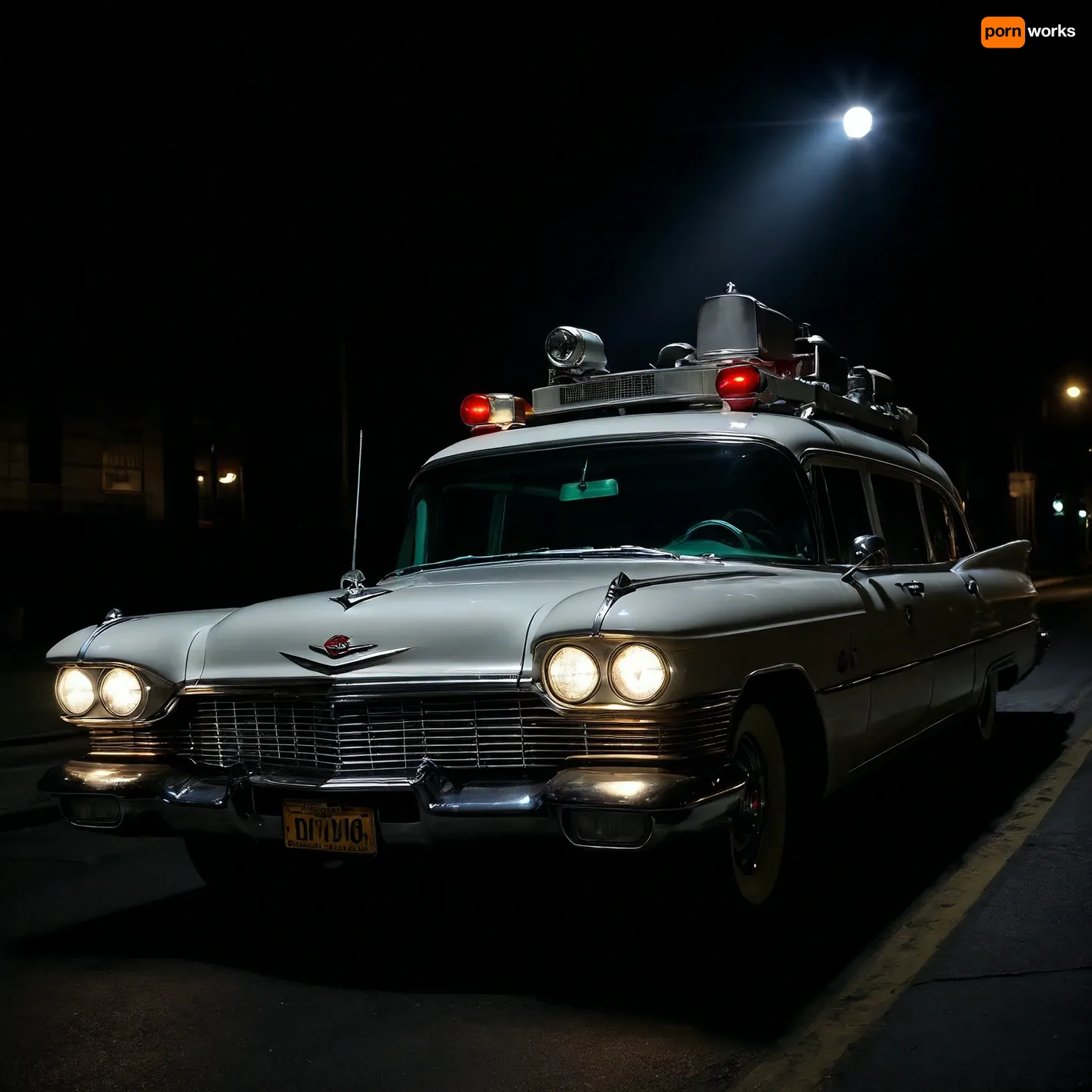 Ecto-1 from Ghostbusters, (Ghostbusters), Night, Dark Sky, Street of New York, Dark Streets, Lights of Cadillac Miller-Meteor Sentine of 1959, Limo-Style Endloader Combination Car, (Driving Effects, Flashing Lights are On, Flashing Lights Effects, Speed Effects), Side View from Below, <lora:dark:.5>