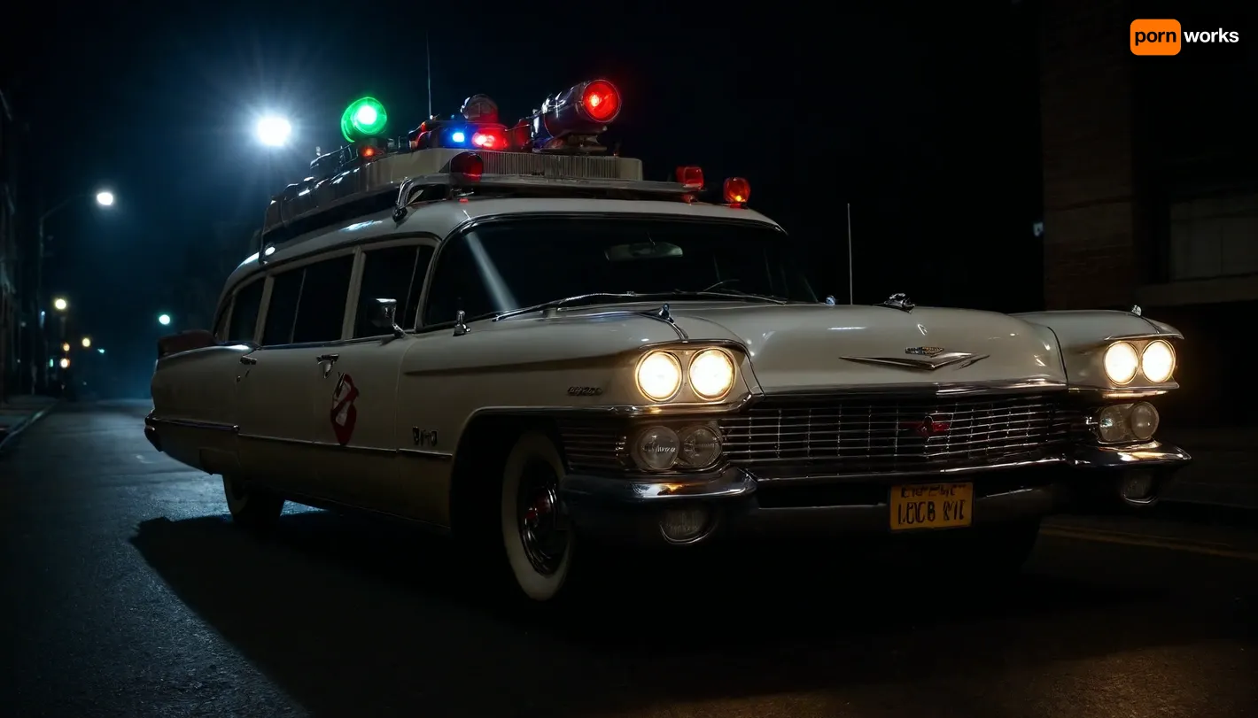 Ecto-1 from Ghostbusters, (Ghostbusters), Night, Dark Sky, Street of New York, Dark Streets, Lights of Cadillac Miller-Meteor Sentine of 1959, Limo-Style Endloader Combination Car, (Driving Effects, Flashing Lights are On, Flashing Lights Effects, Speed Effects), Side View from Below, <lora:dark:.5>