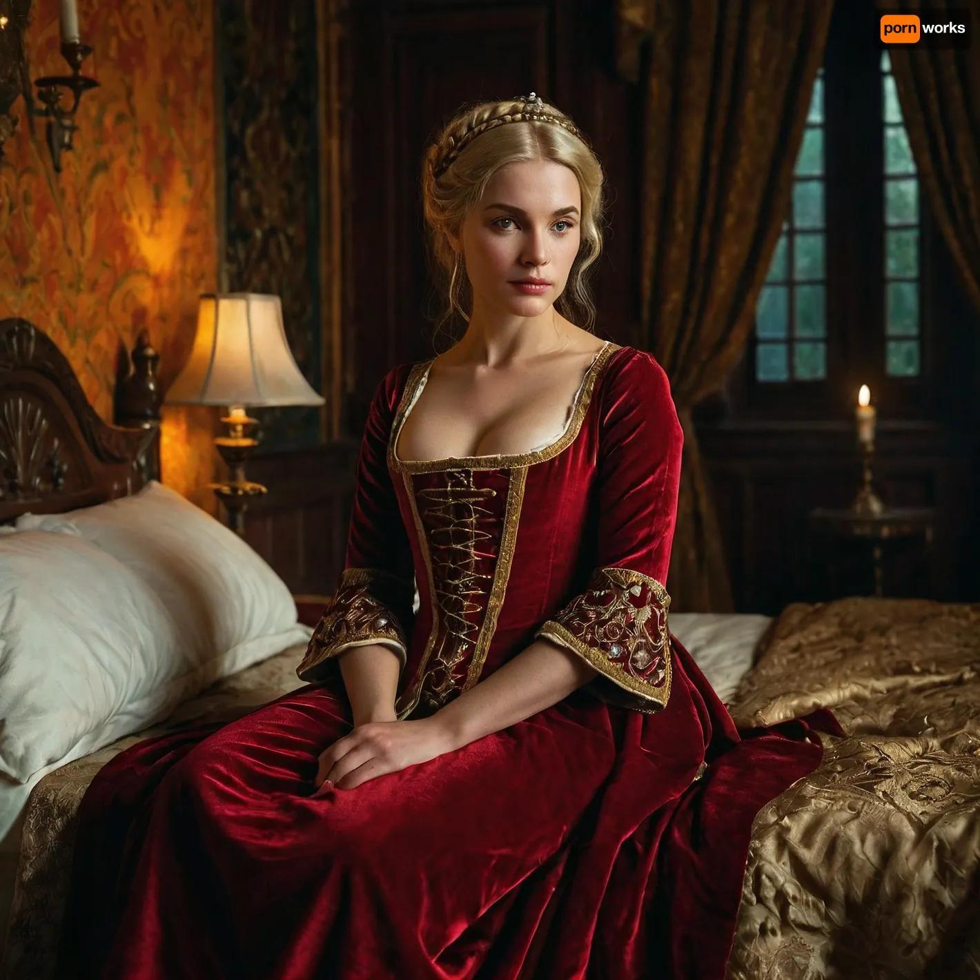 The new courtesan in the middleage waiting in the bedchamber.
A petite young woman, medieval, courtesan, 13th century, blonde, sitting in a noble bedroom, looking at viewer.
photorealistic, hd.