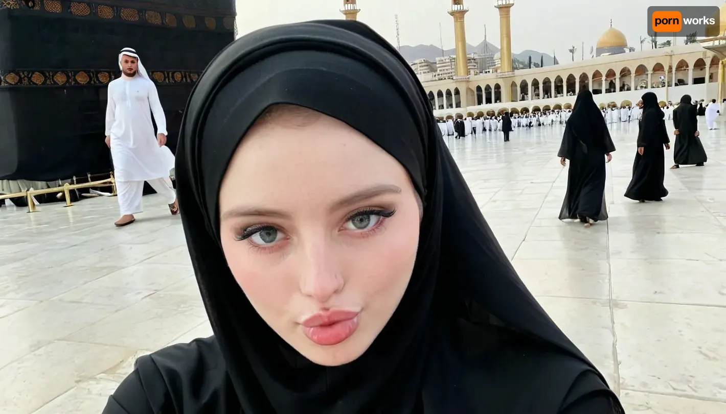 (wearing black hijab), realistic face, pale skin, in front of kaaba, selfie, pouting, <lora:JustCum:.8>, <lora:Pouting_SDXL:.5>