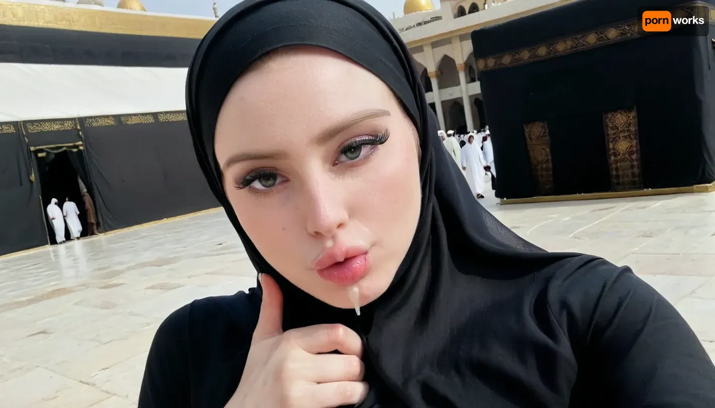 (wearing black hijab), realistic face, pale skin, in front of kaaba, selfie, pouting, <lora:JustCum:.8>, <lora:Pouting_SDXL:.5>
