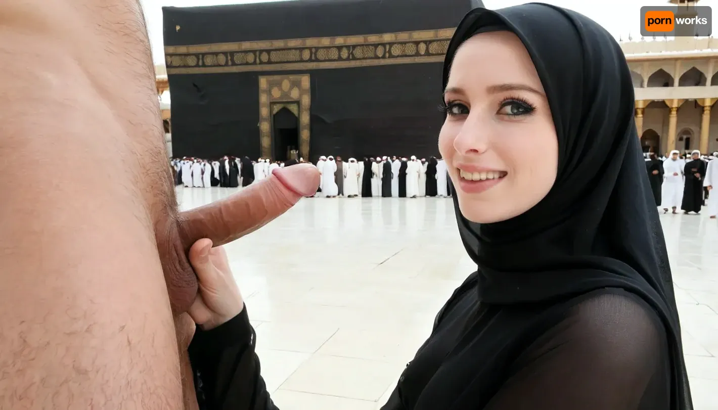 (wearing black hijab), realistic face, pale skin, in front of kaaba, hairy dick, (sad smile), side view, touching man