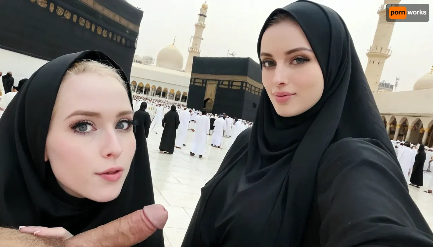 (wearing black hijab), realistic face, pale skin, in front of kaaba, selfie with hairy dick, side view, people watching behind
