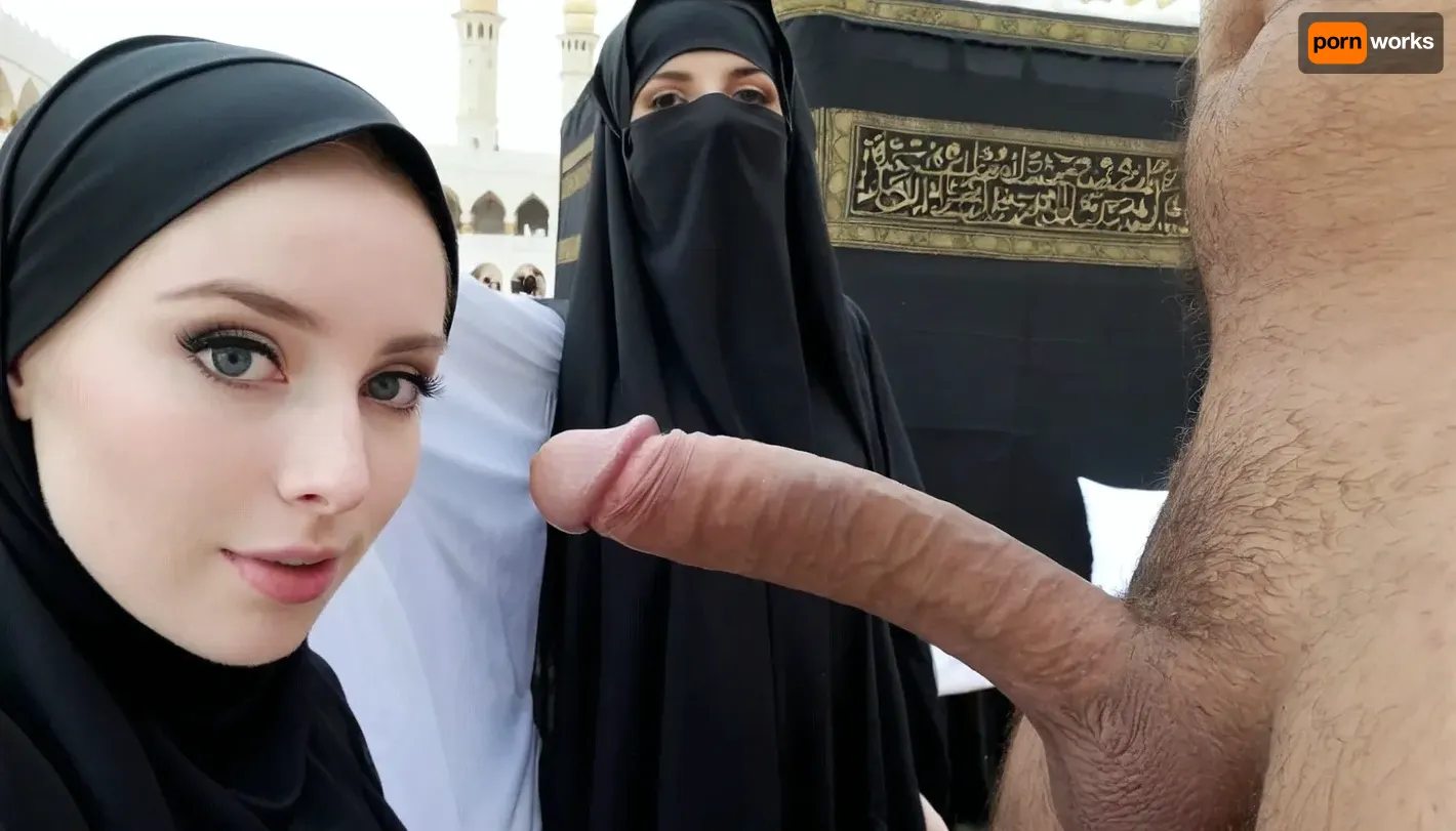 (wearing black hijab), pale skin, in front of kaaba, selfie with hairy erect dick, side view