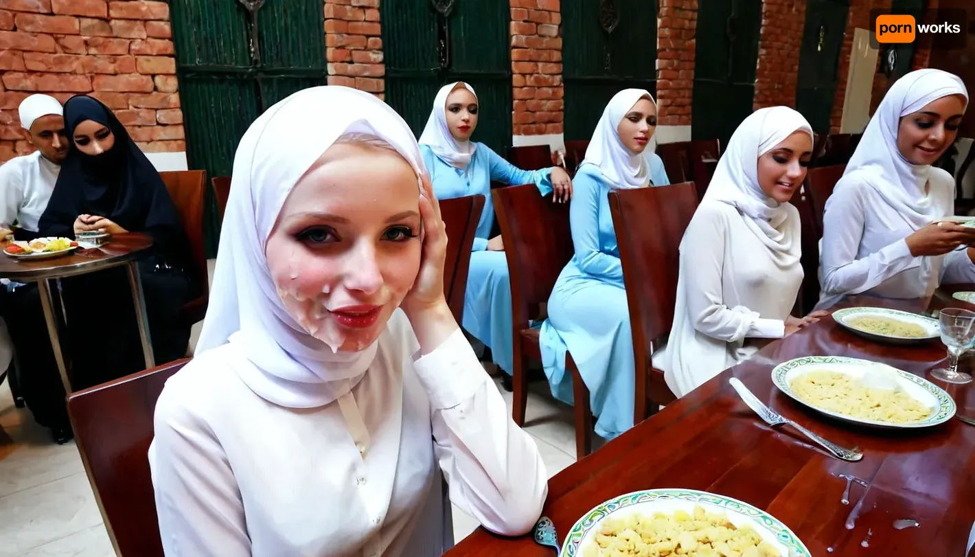 Ramadan table, hijab girls, pale skin, cum covered face, <lora:detailed_notrigger:.5>