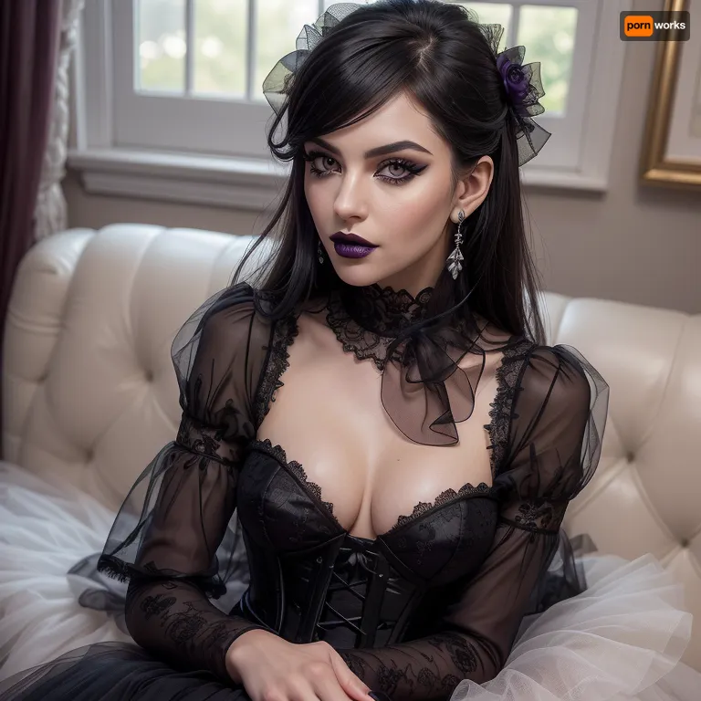 ziprealism, score_9, score_8_up, 1girl, (goth girlfriend, exquisite beauty:1.2), (smug and eager, expressive eyes, mischievous eyes), (glossy black hair, intricate hairstyle), (delicate face, sharp chin, chiseled cheekbones, triangular face:1.2), (intimate esthetic, goth inspired atmosphere, medium closeup, face portrait), (sharp focus, focus on eyes, perfect eyes), catchlights, detailed eyes, (bold eyeliner, deep purple eyeshadow, dark lipstick), bashful pose, adorable pose, (flawless porcelain skin), (tulle corset bodice, tulle sleeves, lacey ruffle, layered sheer tulle), sitting on couch, black roses