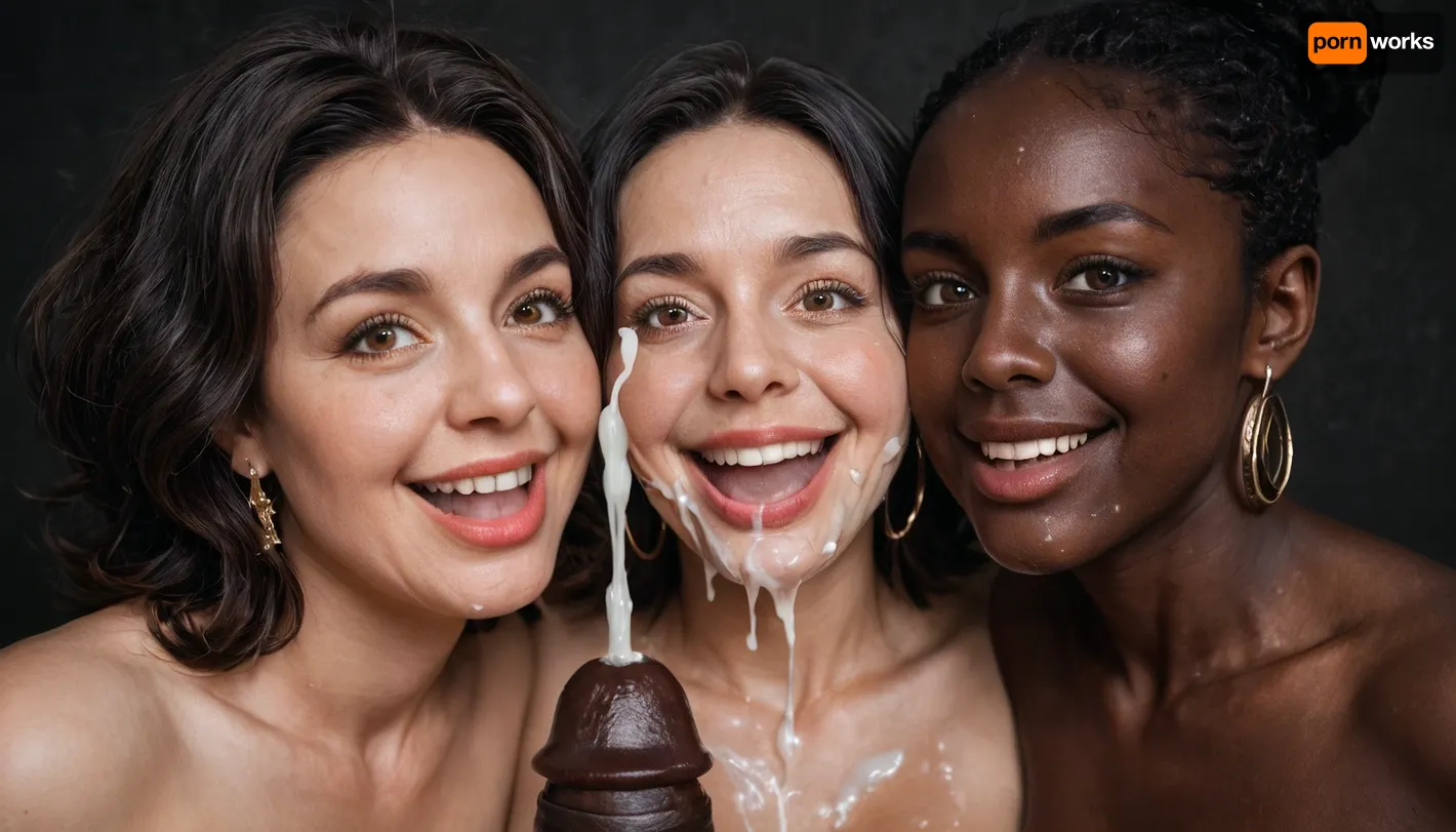 photographic, extreme ultra closeup portrait, (((2 naked mature black african women))), (milf:1), (heads close together, (faces cheek to cheek)), ((each girl has a different tone of black hair color)), brown eyes, eye contact with the viewer, naked, (((faces splattered with cum))), (laughing), surprised, (loving eye contact with the viewer), 1 naked man with a huge 19 inch penis, (ejaculation:1.6), ((stunningly gorgeous women enjoy jerking the viewer's penis)), handjob, black room, black background.
