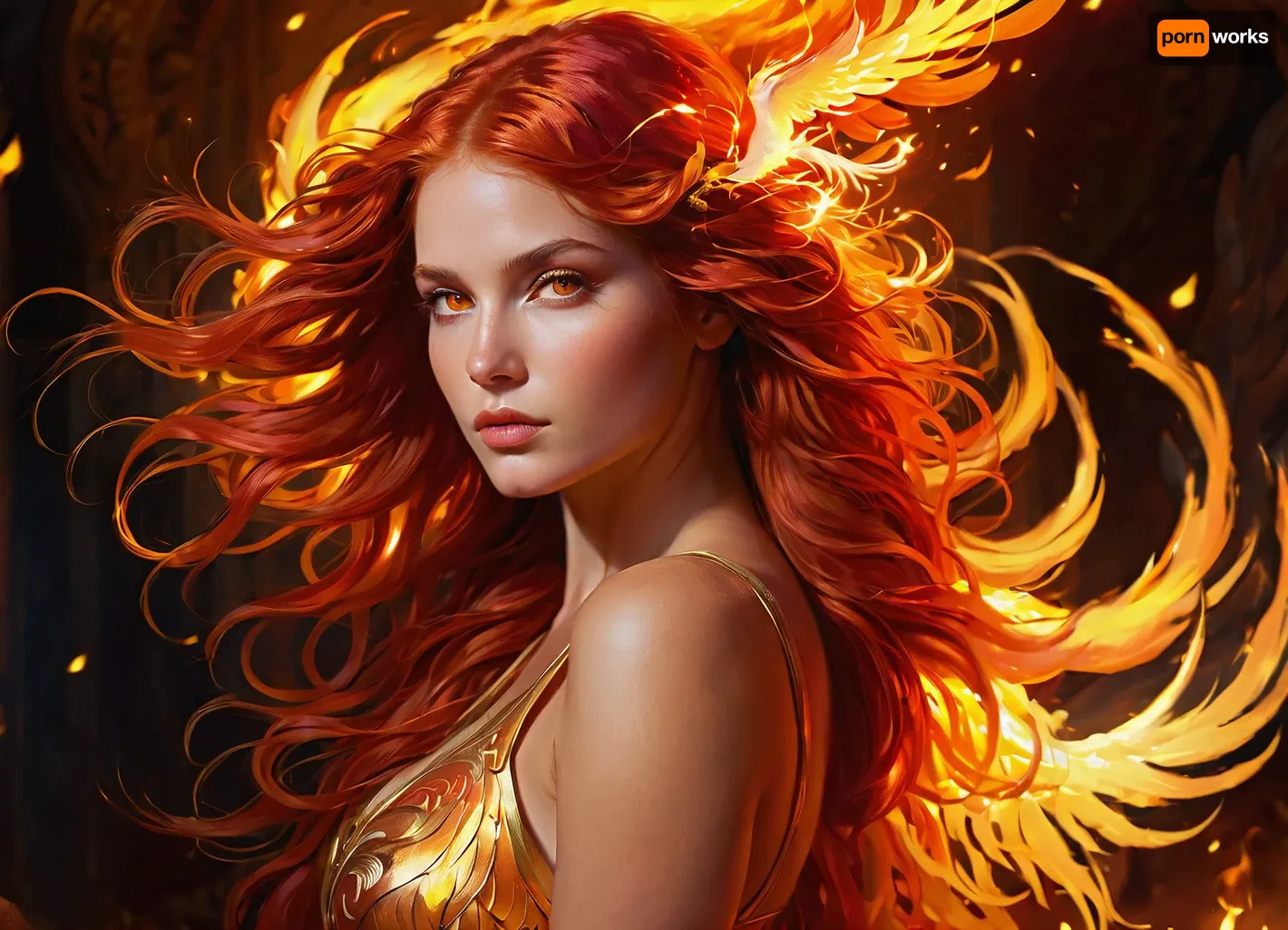 (masterpiece:1.2), (best quality:1.2), ultra detailed, illustration, digital painting, (fantasy art:1.1), (ethereal:1.1), long shot, portrait of a stunning woman, (phoenix:1.3), perched on her shoulder, fiery red hair, (glowing yellow eyes:1.1), (expressive eyes:1.1), intricate details, dynamic pose, flowing hair, (fire glowing from phoenix:1.3), embers, sparks, (dark background:1.2), dramatic lighting, volumetric lighting, rim light, subsurface scattering, depth of field, sharp focus, vibrant colors, warm color palette, (red and orange hues:1.3), golden light, (intense gaze:1.1), full lips, delicate features, feminine, goddess, mythical creature, by WLOP, by Artgerm, by Alphonse Mucha, artstation, deviantart