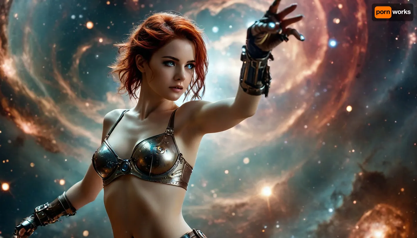 Robot steampunk woman, 25 year old, dancing in nebula, dance, galaxy background, raising one arm, fingering, view 3/4, extends herself, metallic bra, android, show nipples, mettalic panties, metallic stockings, show pussy, raw, Galaxy, Galakkz, glowing, eyes, <lora:style_lora_realis:.8>, <lora:Galaxy:.8>, <lora:SDXL_galakkz:.8>