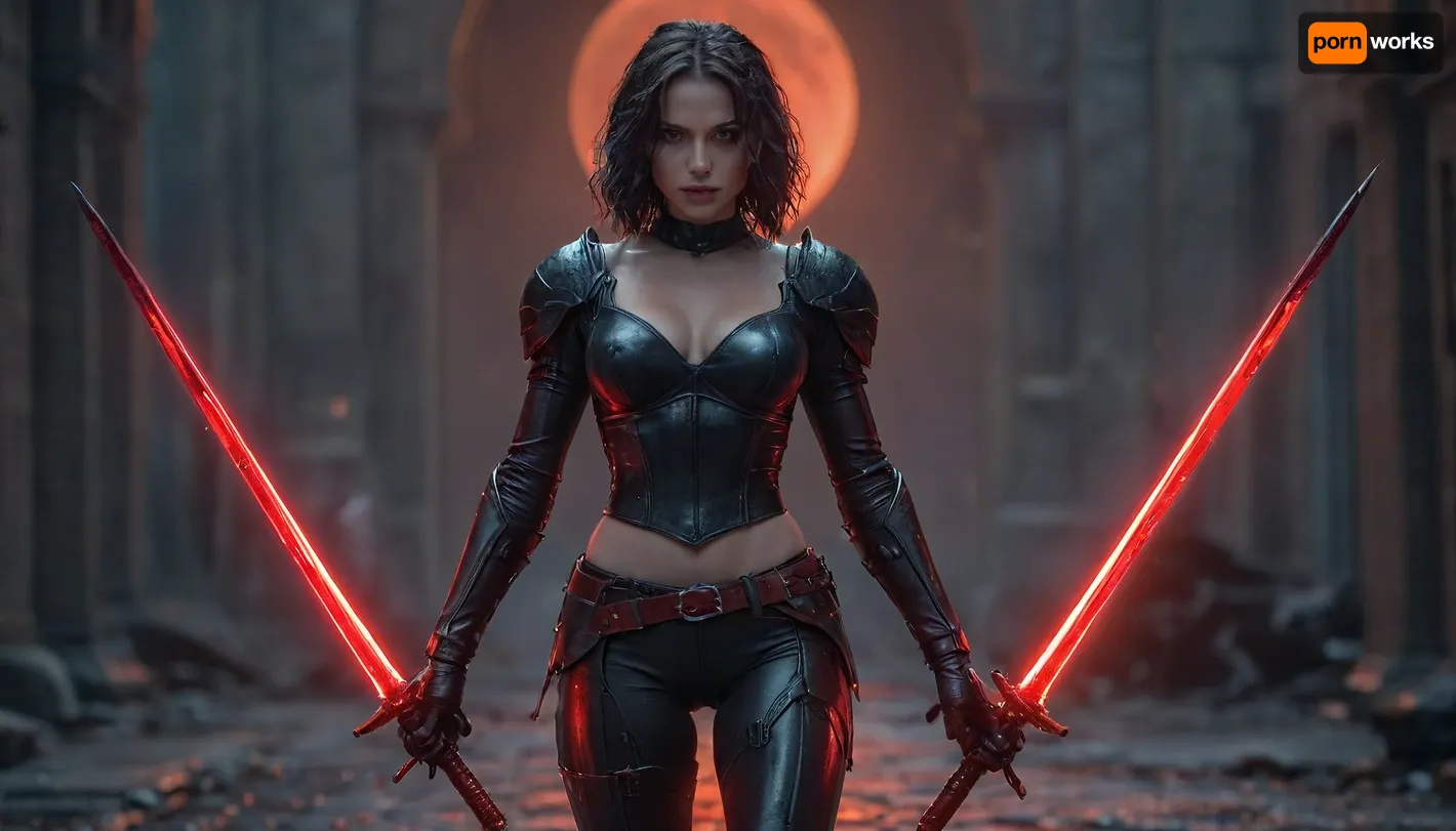 ((full body in picture)), (oil picture of a selene from underworld), athletic body, muscular, (), (from movie underworld), (thin dark leather latex action outfit), (full sleeves), (gloves), (cleavage cutout), (red belt), (asymmetrically torn outfit:1.4), (pale vampire skin tone), (standing in dark street), ((night time)), ((shadow hunter)), ((distant small blood red moon)), (dark short hair is moving from wind), ((holding dual glowing sword:1)), (thigh gap), smirk, detailed face, stacked busty, depth of field, massive lips, dark hair, realistic, pale skin, detailed bright blue eyes, (identical eyes), detailed skin, slight smile, center opening, perfecteyes, Dual, Swords, <lora:lora-sdxl-perfect-eyes:.5>, <lora:add-detail-xl:1>, <lora:XL_Weapon_Dual_Swords_-_By_HailoKnight:.8>, <lora:Movie_aesthetic_XL:.8>