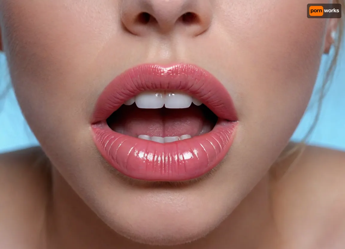 Huge juicy silicone female bimbo lips, high gloss lipstick, doe eyes, extremely closeup, Extremely detailed, blue eyes, licking, extremely beautiful woman