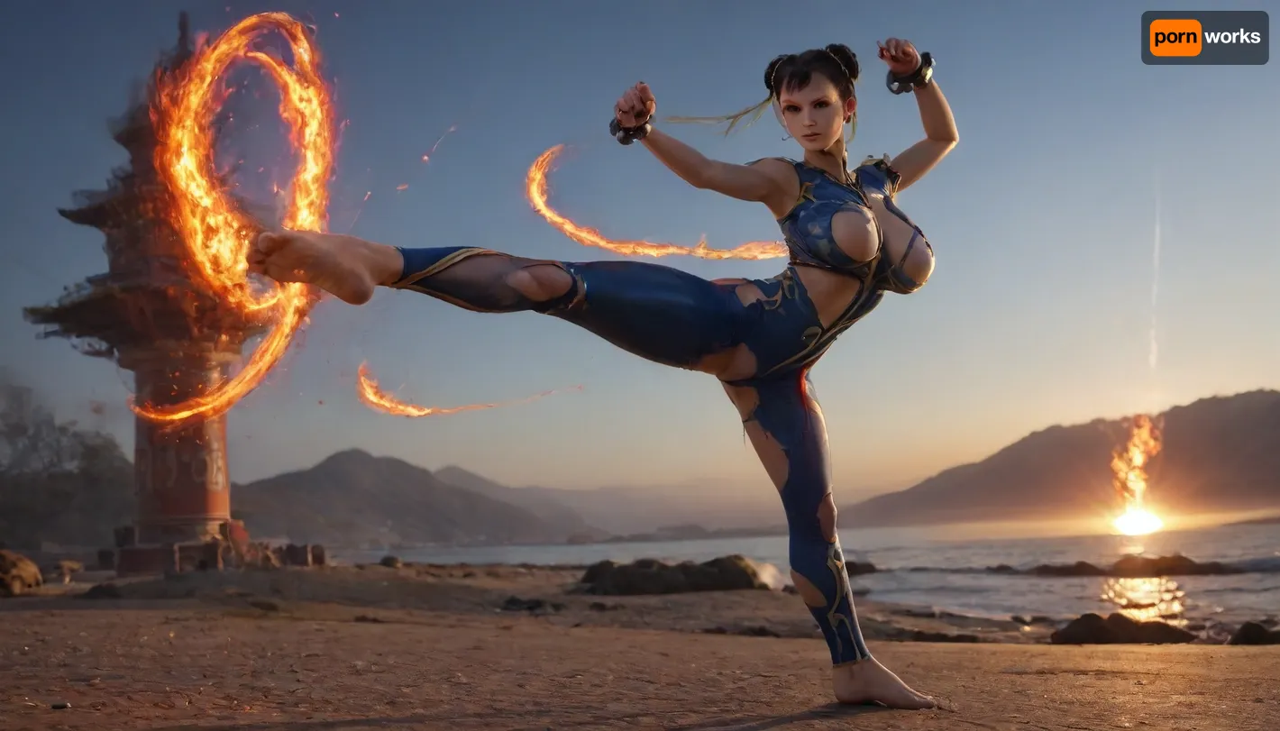 (solo), (Chun-Li costume:1.9), full body aerial view, (violet fire), standing, ((very torn clothes:1.9)), bare feet, (shiny skin:1.9), (big breasts:1.2), (beautiful face:1.5), (slender:1.2), land, sky, sun, (kick:1.1)