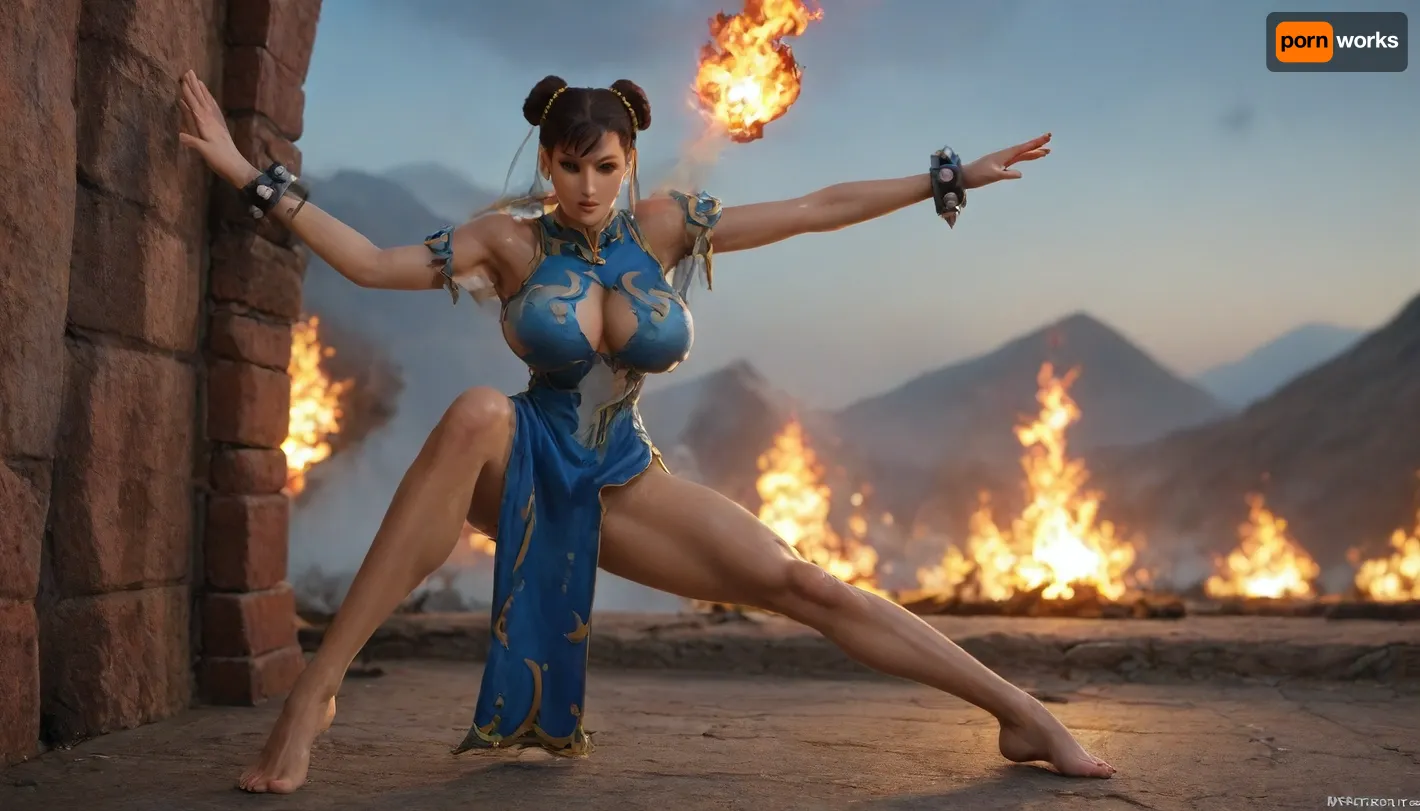 (solo), (Chun-Li costume:1.9), full body aerial view, (fire:1.9), standing, ((very torn clothes:1.9)), bare feet, (shiny skin:1.9), (big breasts:1.2), (beautiful face:1.5), (slender:1.2), land, sky, kick