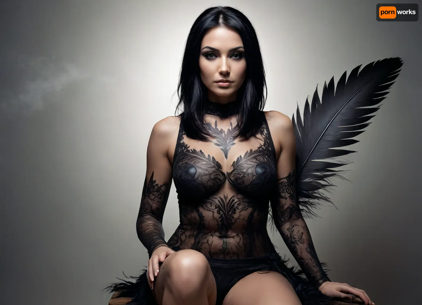 fullbody, woman 32 years old with short neck, very long black curvy hair, A double-exposure illustration in which a woman face is overlaid with raven feathers, blending human features with skin elements. she sits, #©KITTYART


#©KITTYART