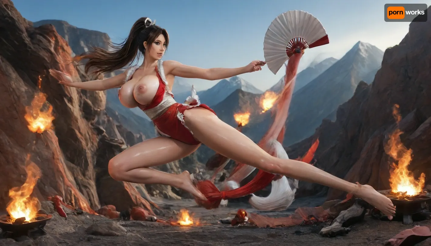 solo, jumping, full body side view, (fans:1.8), (clothes destroyed:1.5), (Mai Shiranui costume:1.9), (skinny:1.3), (huge breasts:1.2), (fire:1.2), (shiny skin:1.8), sky, ice, mountain, shaved, bare feet, realism