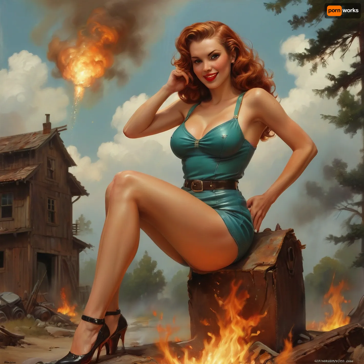 A pin-up style illustration of a young woman with a mid-20th century retro aesthetic. Full length. She has large expressive eyes, white skin, soft wavy fire elemental hair in a 1950s hairstyle, and a cheerful or playful expression. She is wearing classic leather BDSM clothing. Her body type is medium, with natural curves, no exaggeration, realistic proportions. She appears in dynamic or charming poses, reflecting mid-century pin-up art. The lighting is soft and vintage-inspired, with a clean background or stylized setting appropriate to the theme, (e.g. post-apocalyptic wasteland), . Illustration is rendered in traditional pin-up painting style, (like Gil Elvgren), with warm tones and gentle shading, sagging, fire, elemental, style, of, Art, Frahm, <lora:sagging-000015:2>, <lora:RPGFireElementalXL:1.5>, <lora:tbh210-sdxl:1.5>
