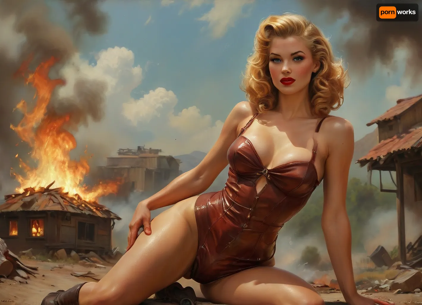 A pin-up style illustration of a young woman with a mid-20th century retro aesthetic. Full length. She has large expressive eyes, white skin, soft wavy fire blonde in a 1950s hairstyle, and a cheerful or playful expression. She is wearing classic leather BDSM clothing. Her body type is medium, with natural curves, no exaggeration, realistic proportions. She appears in dynamic or charming poses, reflecting mid-century pin-up art. The lighting is soft and vintage-inspired, with a clean background or stylized setting appropriate to the theme, (e.g. post-apocalyptic wasteland), . Illustration is rendered in traditional pin-up painting style, (like Gil Elvgren), with warm tones and gentle shading, sagging, fire, elemental, style, of, Art, Frahm, latex, matte, shiny, inflatable, orb, blast, <lora:sagging-000015:2>, <lora:RPGFireElementalXL:1.5>, <lora:tbh210-sdxl:1.5>, <lora:shinylatex-merged:2>, <lora:OrbBlastXL:1.5>