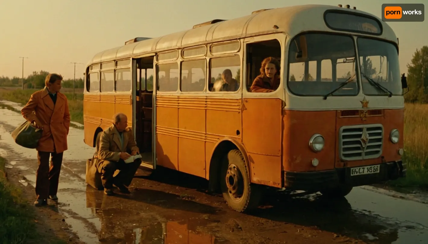 draw the square of a small Soviet Russian village in the 70s, almost deserted. In the center of the square stands a white and blue Kavz 685 hood-mounted bus. The driver is leaning on the fender, calmly smoking a cigarette, he has one foot on the wheel, his elbow is resting on the fender of the bus, things are lying next to the bus, two women are carrying bags of groceries, dishes and various things for moving into the bus, not far from them a man in an orange vest of a railway worker is talking to a man aged, sunny summer It's evening, the sky is blue, it's still light outside, but everything is already flooded with orange evening light. The atmosphere of the 70s, the Soviet atmosphere, in the style of Soviet films of the 70s, Soviet people in clothes