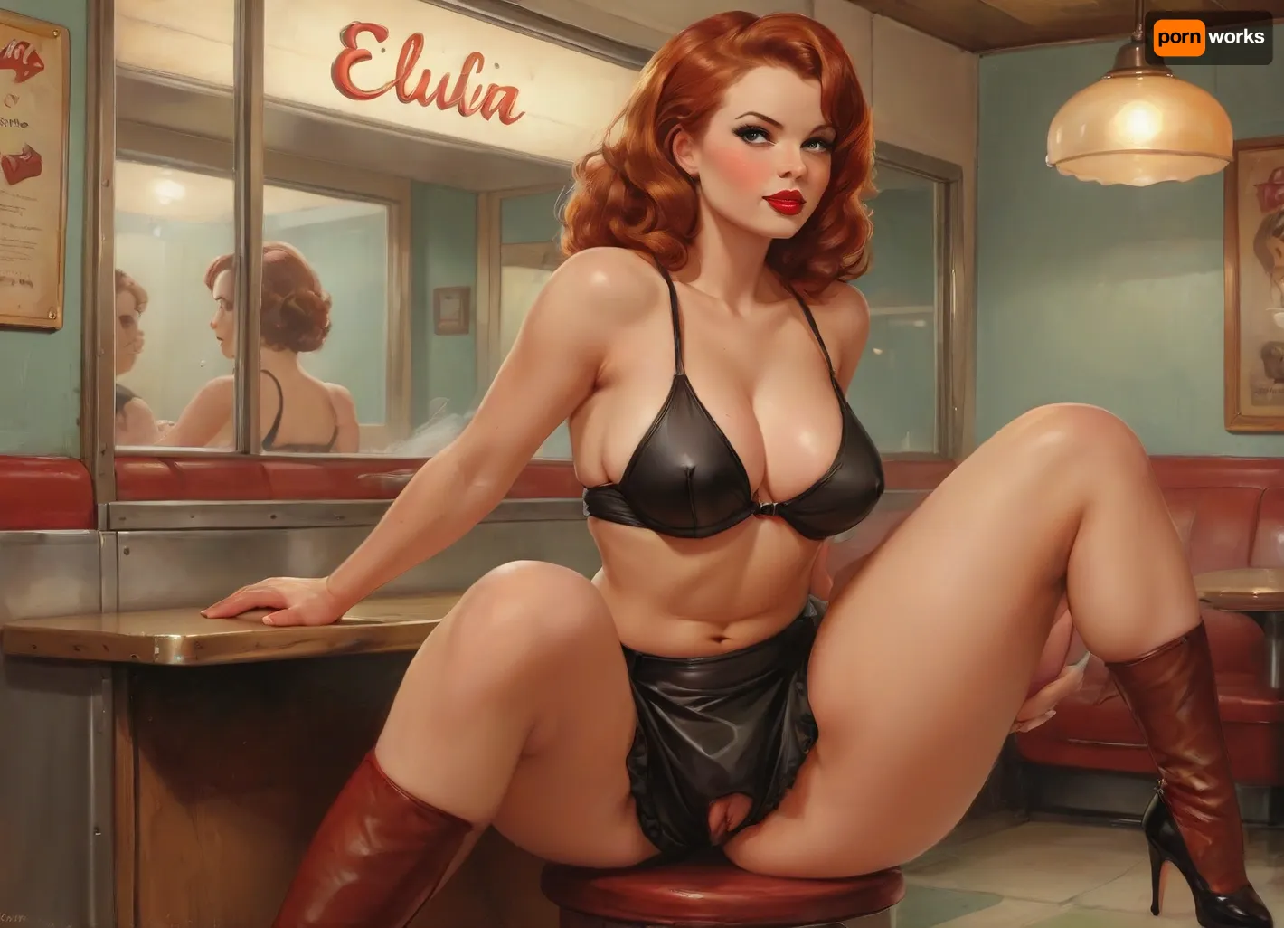 A pin-up style illustration of a young woman with a mid-20th century retro aesthetic. Full length. She has large expressive eyes, white skin, soft wavy fire elemental hair in a 1950s hairstyle, and a cheerful or playful expression. She is wearing classic leather BDSM clothing. Her body type is medium, with natural curves, no exaggeration, realistic proportions. She appears in dynamic or charming poses, reflecting mid-century pin-up art. The lighting is soft and vintage-inspired, with a clean background or stylized setting appropriate to the theme, (e.g. post-apocalyptic wasteland), . Illustration is rendered in traditional pin-up painting style, (like Gil Elvgren), with warm tones and gentle shading, sagging, of, Art, Frahm, latex, matte, shiny, inflatable, one, breast, out, <lora:sagging-000015:2>, <lora:tbh210-sdxl:1.5>, <lora:shinylatex-merged:2>, <lora:one breast out XL:2>
