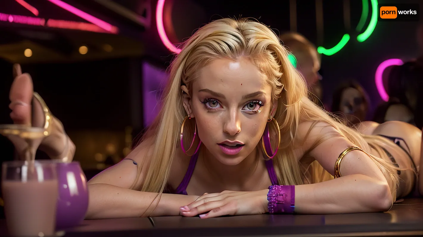 woman, full female portrait, ((18 years old)), ((gymnast figure)), ((skin with high detail)), high quality, detailed skin texture, (long blonde hair with high detail:1.4), (large breasts:1.3), ((slender body)), (realistic), (((night club, lying on the bar, purple lights, neon, perfect lighting, face))), soft focus, insanely detailed, top quality, ((stockings and heels:1.4)), (thin hips), laing, shaved pussy, ((hoop earrings)), pull out, 8k, hdr, <lora:pulld_3:.7>, <lora:weight_slider_v2:-1>, <lora:age_slider-LECO-v1:-2>