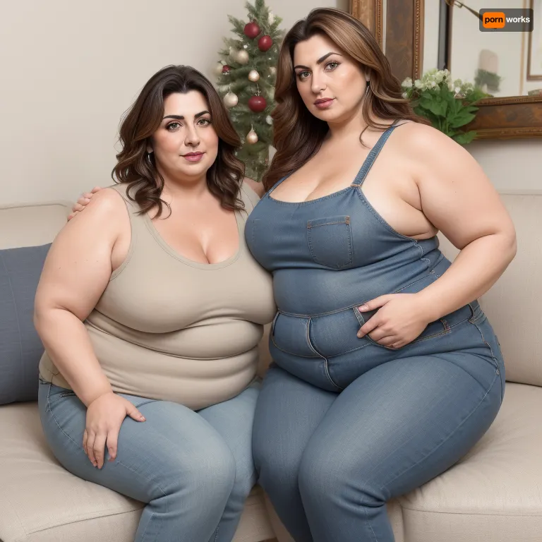 Full color high definition photo, two obese mature women, Armenian, light eyes, beautiful eyes, detailed eyes, looking at viewer, seductive, eye contact with viewer, the woman on the left has brunette hair with highlights, 60 years old, both women are wearing highwaist jeans, and sleeveless t-shirt, sitting on a couch, well lit interior scene, motherly, with, pokies, sagging, saggy, drooping, small sagging breasts, milf, <lora:epiCRealismHelper:.5>, <lora:Milf:.8>, <lora:mommyfy_V1:.5>, WeightChubby, WeightObese, WeightImmobile, <lora:Fat:.8>