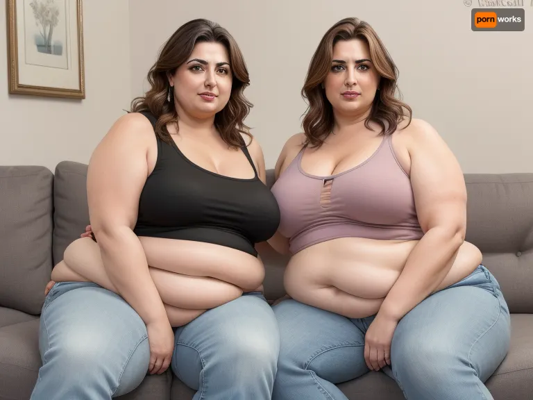 Full color high definition photo, two obese mature women, Armenian, light eyes, beautiful eyes, detailed eyes, looking at viewer, seductive, eye contact with viewer, the woman on the left has brunette hair with highlights, 60 years old, both women are wearing highwaist jeans, and sleeveless t-shirt, sitting on a couch, well lit interior scene, motherly, with, pokies, sagging, saggy, drooping, small sagging breasts, milf, <lora:epiCRealismHelper:.5>, <lora:Milf:.8>, <lora:mommyfy_V1:.5>, WeightChubby, WeightObese, WeightImmobile, <lora:Fat:.8>