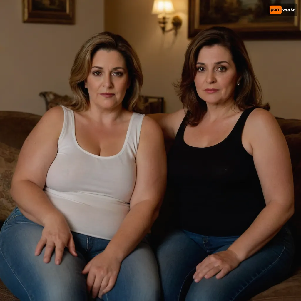Full color high definition photo, two obese mature women, Armenian, light eyes, beautiful eyes, detailed eyes, looking at viewer, seductive, eye contact with viewer, the woman on the left has brunette hair with highlights, 60 years old, both women are wearing highwaist jeans, and sleeveless t-shirt, sitting on a couch, well lit interior scene, motherly, with, pokies, sagging, saggy, drooping, small sagging breasts, milf, <lora:epiCRealismHelper:.5>, <lora:Milf:.8>, <lora:mommyfy_V1:.5>, WeightChubby, WeightObese, WeightImmobile, <lora:Fat:.8>