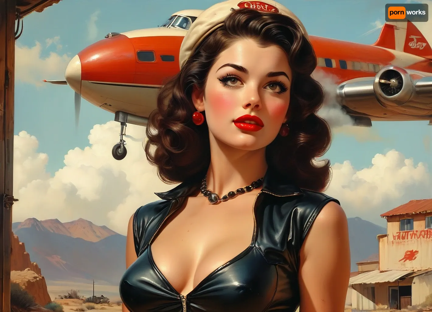 A pin-up style illustration of a young woman with a mid-20th century retro aesthetic. Full length. She has large expressive eyes, white skin, soft wavy fire elemental hair in a 1950s hairstyle, and a cheerful or playful expression. She is wearing classic leather BDSM clothing. Her body type is medium, with natural curves, no exaggeration, realistic proportions. She appears in dynamic or charming poses, reflecting mid-century pin-up art. The lighting is soft and vintage-inspired, with a clean background or stylized setting appropriate to the theme, (e.g. post-apocalyptic wasteland), . Illustration is rendered in traditional pin-up painting style, (like Gil Elvgren), with warm tones and gentle shading, sagging, style, of, Art, Frahm, latex, matte, shiny, inflatable, <lora:sagging-000015:2>, <lora:tbh210-sdxl:1.5>, <lora:shinylatex-merged:2>, <lora:MJ52:1.5>