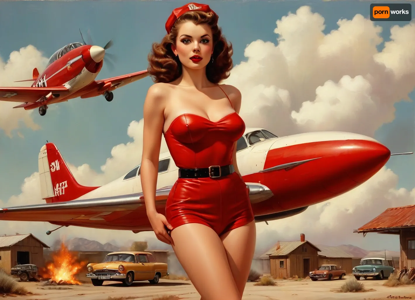 A pin-up style illustration of a young woman with a mid-20th century retro aesthetic. Full length. She has large expressive eyes, white skin, soft wavy fire elemental hair in a 1950s hairstyle, and a cheerful or playful expression. She is wearing classic leather BDSM clothing. Her body type is medium, with natural curves, no exaggeration, realistic proportions. She appears in dynamic or charming poses, reflecting mid-century pin-up art. The lighting is soft and vintage-inspired, with a clean background or stylized setting appropriate to the theme, (e.g. post-apocalyptic landscape), . Illustration is rendered in traditional pin-up painting style, (like Gil Elvgren), with warm tones and gentle shading, sagging, style, of, Art, Frahm, latex, matte, shiny, inflatable, Worthington, Whittredge, Style, <lora:sagging-000015:2>, <lora:tbh210-sdxl:1.5>, <lora:shinylatex-merged:.5>, <lora:Worthington Whittredge Style:1>