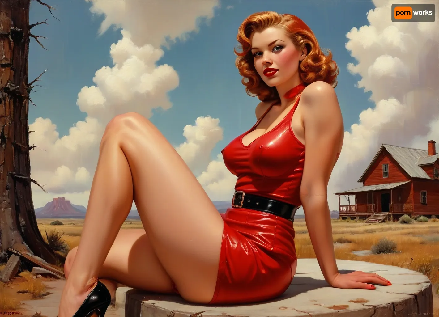 A pin-up style illustration of a young woman with a mid-20th century retro aesthetic. Full length. She has large expressive eyes, white skin, soft wavy fire elemental hair in a 1950s hairstyle, and a cheerful or playful expression. She is wearing classic leather BDSM clothing. Her body type is medium, with natural curves, no exaggeration, realistic proportions. She appears in dynamic or charming poses, reflecting mid-century pin-up art. The lighting is soft and vintage-inspired, with a clean background or stylized setting appropriate to the theme, (e.g. post-apocalyptic landscape), . Illustration is rendered in traditional pin-up painting style, (like Gil Elvgren), with warm tones and gentle shading, sagging, style, of, Art, Frahm, latex, matte, shiny, inflatable, Worthington, Whittredge, Style, <lora:sagging-000015:2>, <lora:tbh210-sdxl:1.5>, <lora:shinylatex-merged:2>, <lora:Worthington Whittredge Style:1>