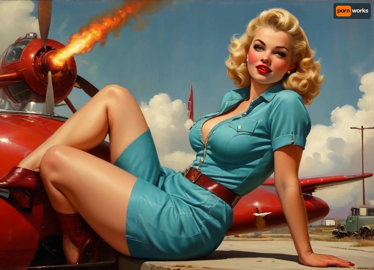 A pin-up style illustration of a young woman with a mid-20th century retro aesthetic. Full length. She has large expressive eyes, white skin, soft wavy fire elemental hair in a 1950s hairstyle, and a cheerful or playful expression. She is wearing classic leather BDSM clothing. Her body type is medium, with natural curves, no exaggeration, realistic proportions. She appears in dynamic or charming poses, reflecting mid-century pin-up art. The lighting is soft and vintage-inspired, with a clean background or stylized setting appropriate to the theme, (e.g. post-apocalyptic landscape), . Illustration is rendered in traditional pin-up painting style, (like Gil Elvgren), with warm tones and gentle shading, sagging, style, of, Art, Frahm, latex, matte, shiny, inflatable, Worthington, Whittredge, Style, <lora:sagging-000015:2>, <lora:tbh210-sdxl:1.5>, <lora:shinylatex-merged:2>, <lora:Worthington Whittredge Style:1>
